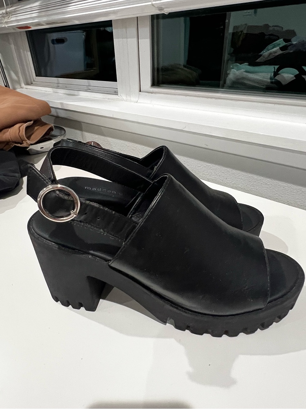 Madden Girl Black Open-Toe Slingback Chunky Heel Sandals with Buckle